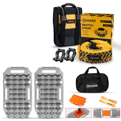 BUNKER INDUST Offroad Traction Boards with Jack Base (Grey) + 3" x 20ft Recovery Straps + Pair 3/4 D Ring Shackles + Bag 35,000 lbs Tree Saver Winch Strap