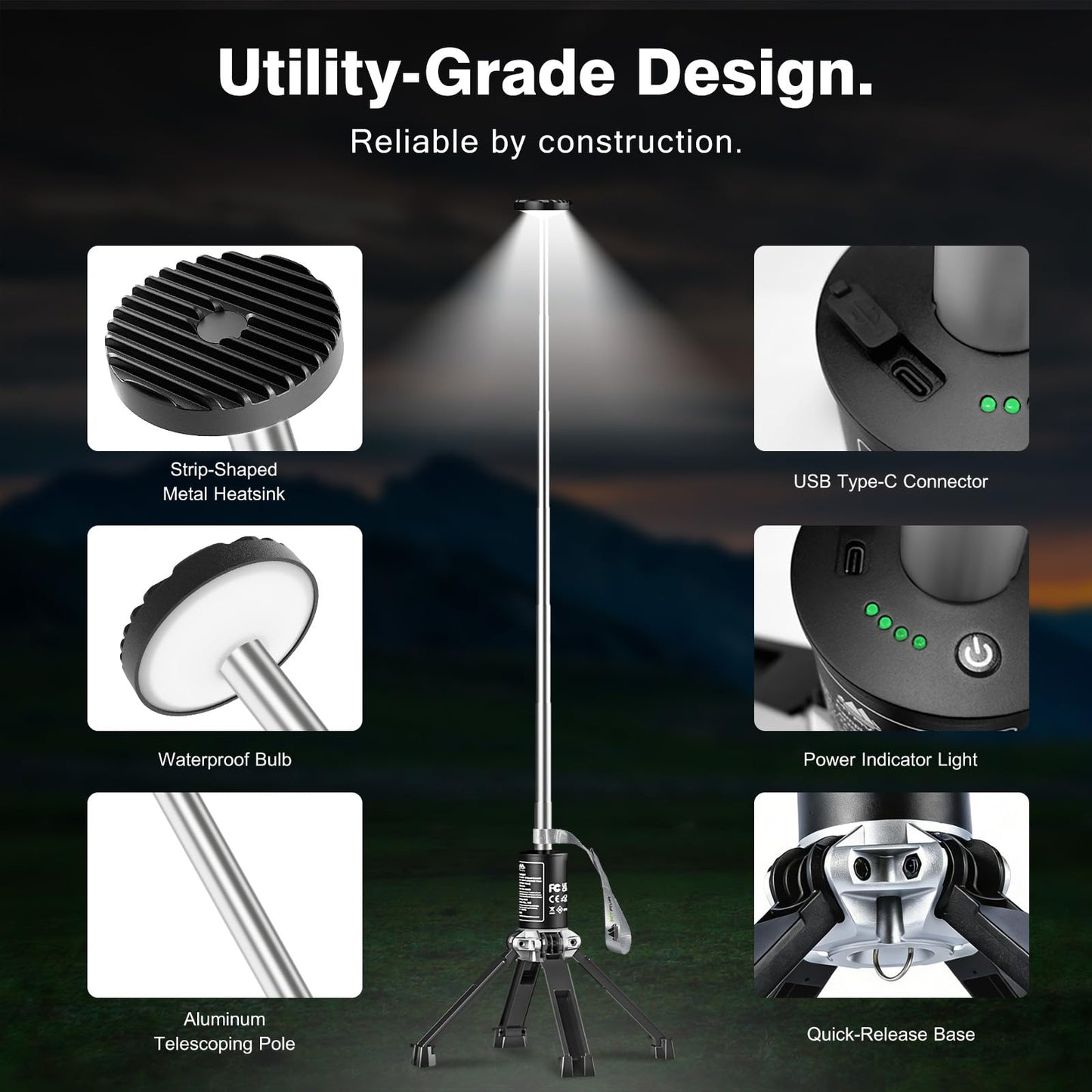 MTRVR Premium Telescopic Camping Lantern – 20000mAh Rechargeable LED Outdoor Light, IP44 Water-Resistant, Aluminum Telescopic Pole & Foldable Tripod – 21H Long-Lasting Emergency, RV & Camping Lighting