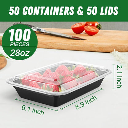 Dealusy 50 Pack (100-Piece) 28 oz Meal Prep Containers Reusable with Lids, Sturdy Leakproof & Food Safe, Microwave, Freezer, Dishwasher Safe Prep Containers, To Go Take Out Plastic Food Storage