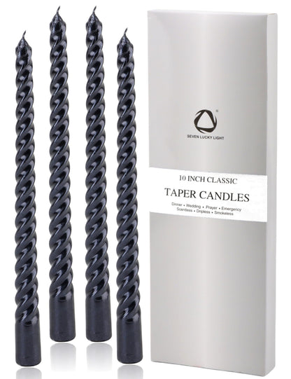 SEVEN LUCKY LIGHT 10 Inch Spiral Black Taper Candles Set of 4, Metallic Finish Dripless Candlesticks, 8+ hrs Smokeless Clean Burning for Halloween, Home, Dinner, Wedding & Church Decor