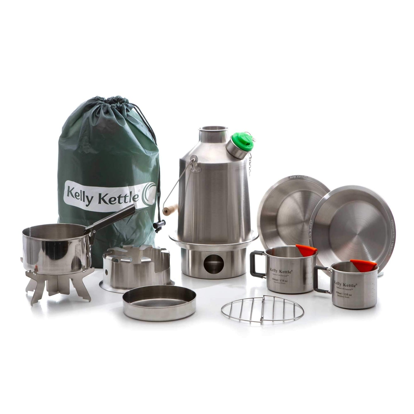 Kelly Kettle® Ultimate 'Scout' Kit VALUE DEAL | 41oz Steel Camp Kettle, Cook Set, Hobo Stove, Cups, Plates, Base Support | Use Sticks to Boil & Cook Fast | Camping, Fishing, Picnics, Emergencies