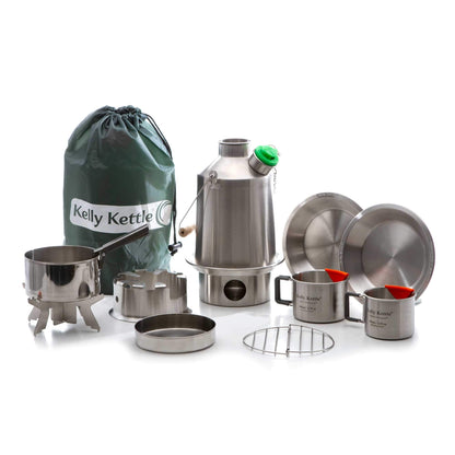 Kelly Kettle® Ultimate 'Scout' Kit VALUE DEAL | 41oz Steel Camp Kettle, Cook Set, Hobo Stove, Cups, Plates, Base Support | Use Sticks to Boil & Cook Fast | Camping, Fishing, Picnics, Emergencies