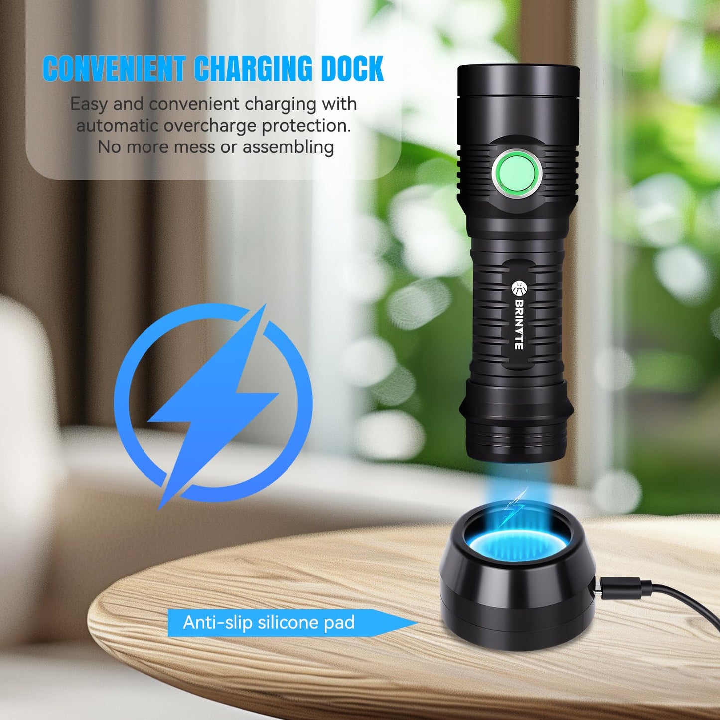 Brinyte WT01 2700 LM Rechargeable Flashlight with Charging Dock Bundle 4-Color-in-1 Camping Lantern, White, Green, Red and Blue 8 Modes Tent Lamp A01