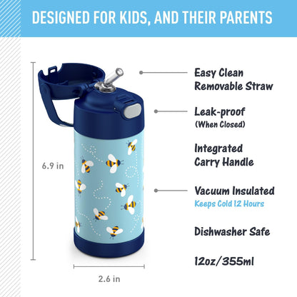 Thermos Funtainer 12 Ounce Kids Straw Bottle - Stainless Steel Vacuum Insulated, Honey Bees Design