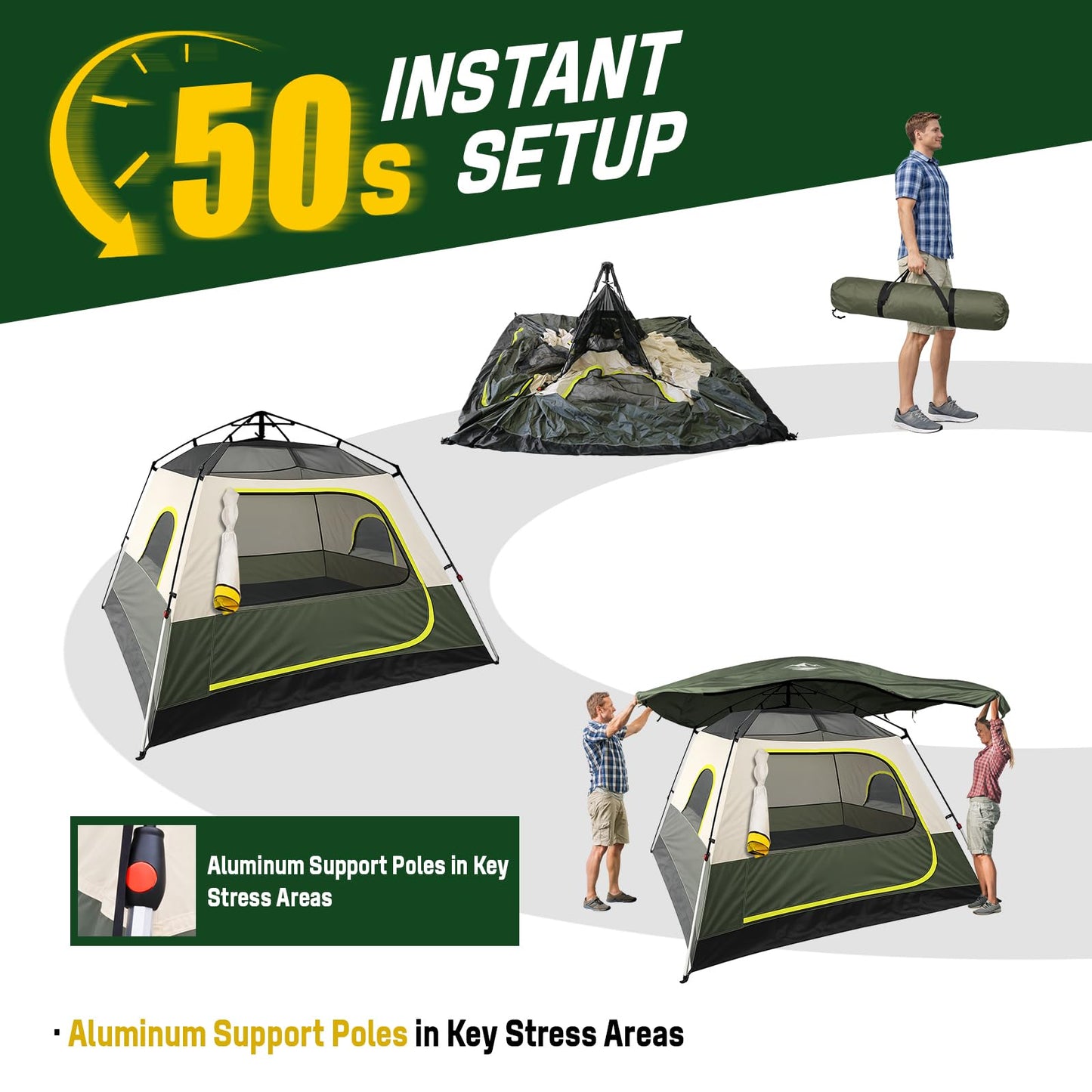 Tent 4 Person Tents for Camping - Instant Cabin Tent Setup in 50 Seconds with Rainfly & Windproof, Portable Pop Up Tents with Carry Bag for Family Outdoor Camping & Hiking