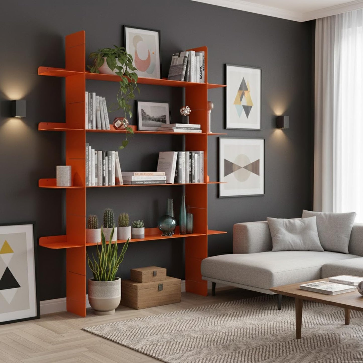 AxureM Modern 4-Tier Floating Wall Shelf, Heavy Duty Metal Bookcase, Decorative Wall Mounted Metal Shelf for Living Room, Bedroom & Office – Designer Home Decor (Orange)