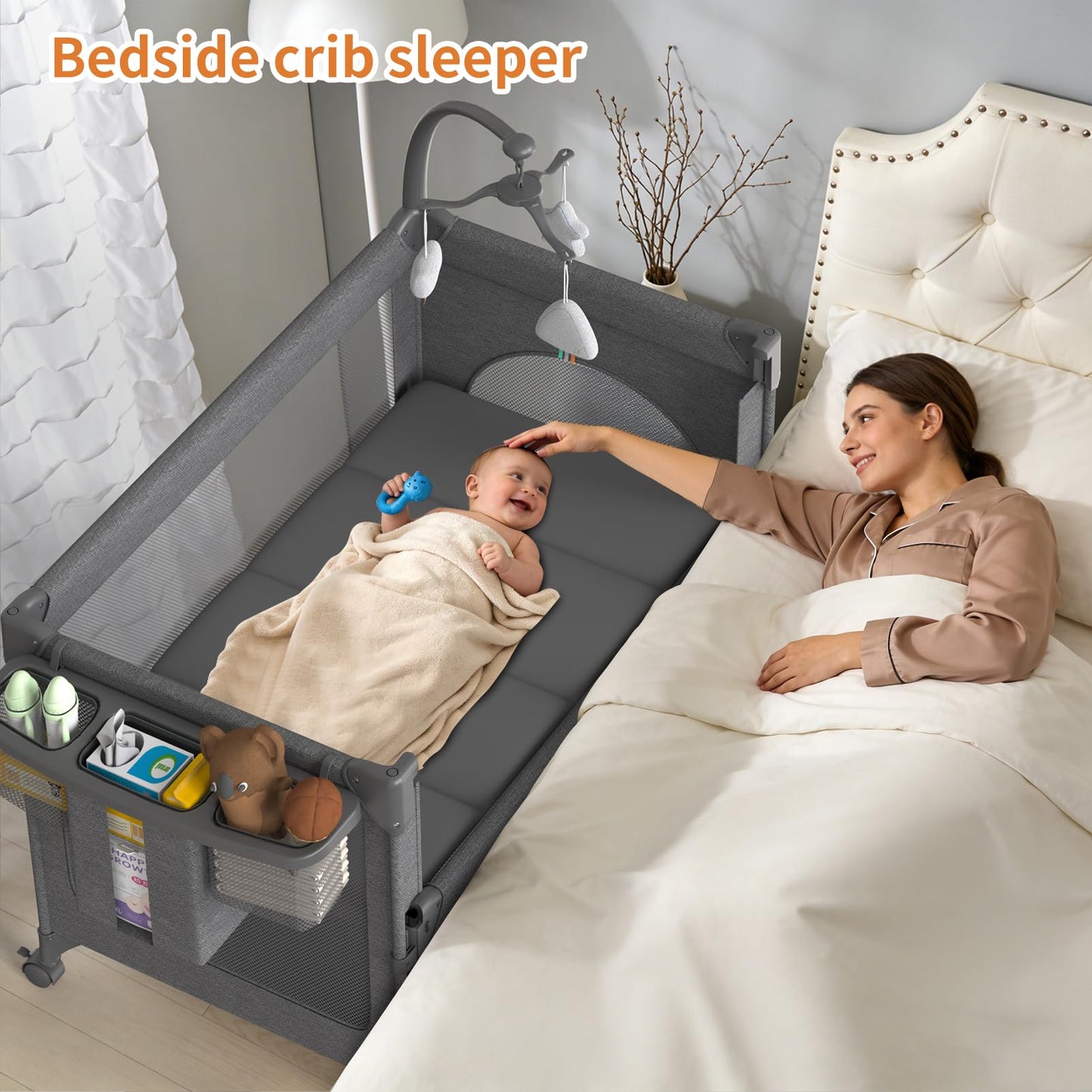 4 in 1 Baby Bassinet, Pack and Play with Mattress, Baby Crib with Wheels and Mosquito Net, Bedside Sleeper with Changing Pad, Portable Playpen Foldable Playard for Babies and Toddlers