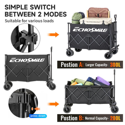EchoSmile Collapsible Foldable Extended Wagon with 500Lbs Weight Capacity, 300L Folding Utility Wagon Cart with Big All-Terrain Wheels for Beach,Sport,Garden&Grocery (Black)