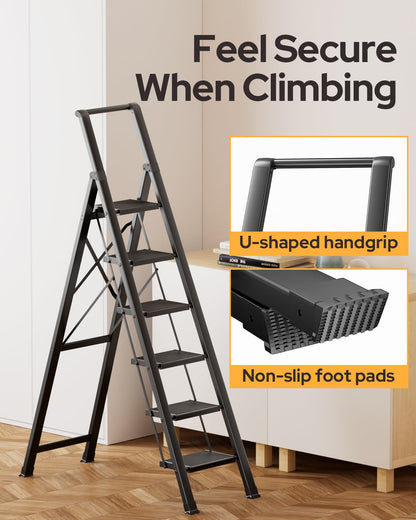GameGem 6 Step Ladder for 12 Feet High Ceiling, Lightweight Aluminum Folding Step Stool with Convenient Handgrip, Stepladders with Anti-Slip and Wide Pedal for Home Use Space Saving - Black
