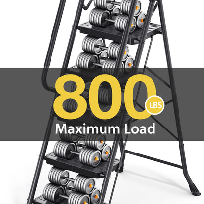 KINGRACK 5 Step Ladder, Sturdy Steel Step Stool with Anti-Slip Wide Pedals, Handrail, Safe-Lock Design, Pass 800lbs Load Testing, Folding Portable Ladder for Multi-Purpose, Home, Kitchen, Black