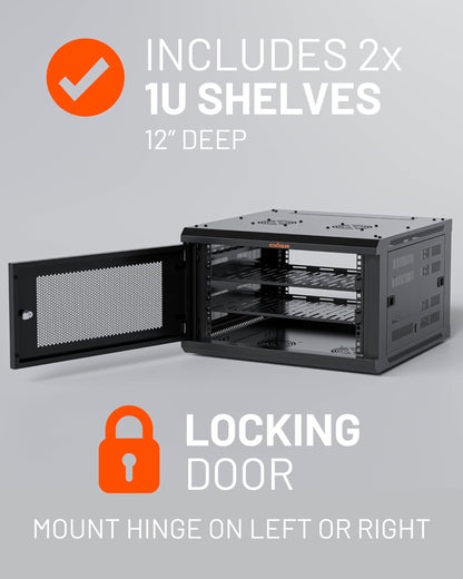 ECHOGEAR 6U Network Rack - Enclosed Wall Mount Rack Kit Includes 2x 1U Shelves, Pre-Mounted Fan, Lockable Door & Hardware - 600mm Depth Fits All Your AV Gear