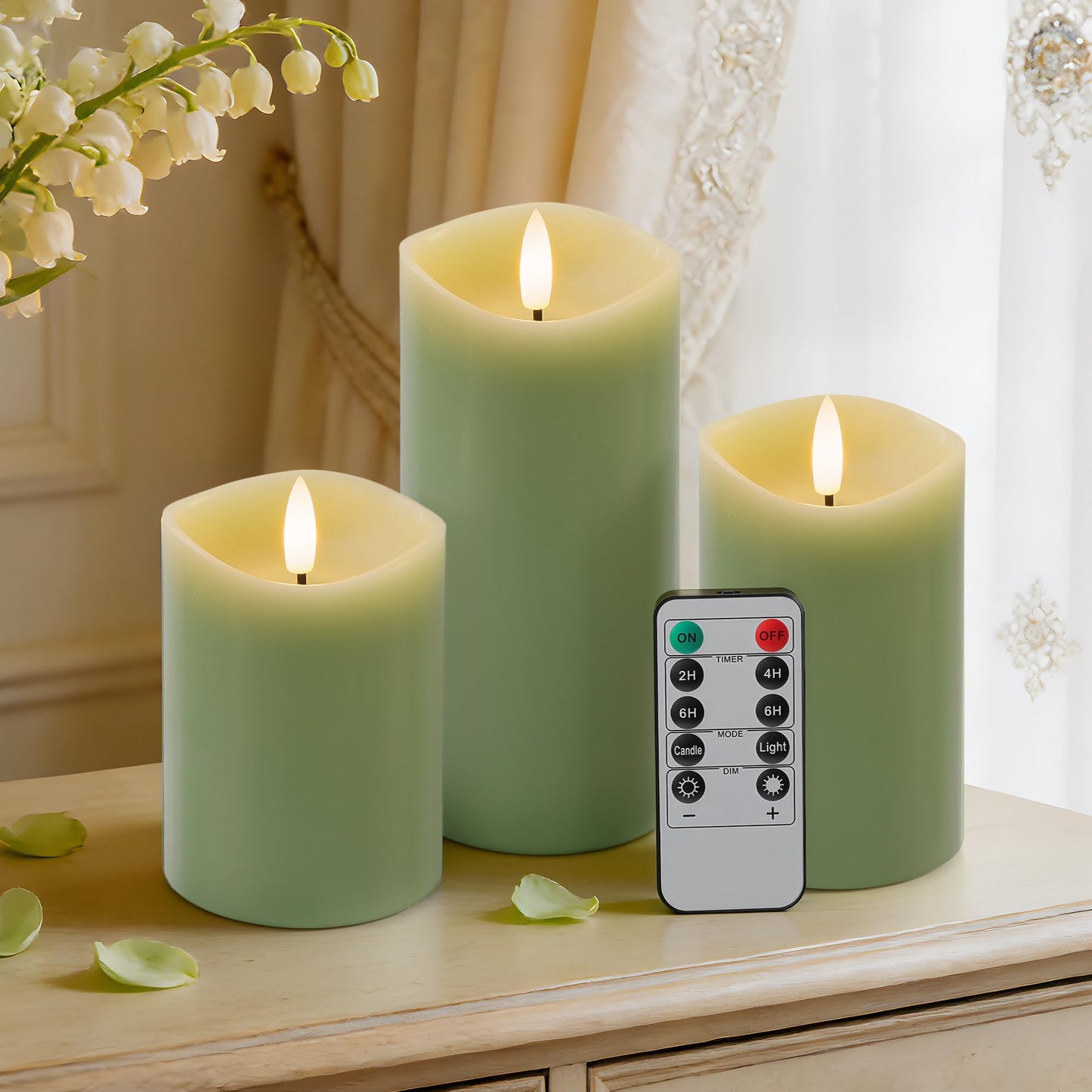 Velsyn Green Flameless Candles with Remote and Timer, Real Wax Made LED Pillar Candles Battery Operated with 3D Flickering Flame Melted Edge, 3" x 4",5",6", Set of 3 (Pastel Green)