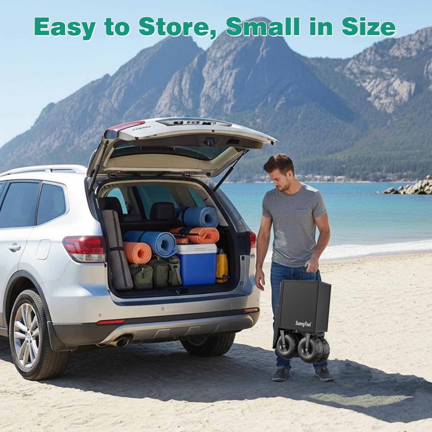 SUNNYFEEL Beach Wagon with Big Wheels for Sand, 550LBS Heavy Duty, 300L Foldable Beach Cart with 9" Balloon Wheels, Collapsible Wagon Cart with Adjustable Handle for Camping, Garden, Outdoor, Black