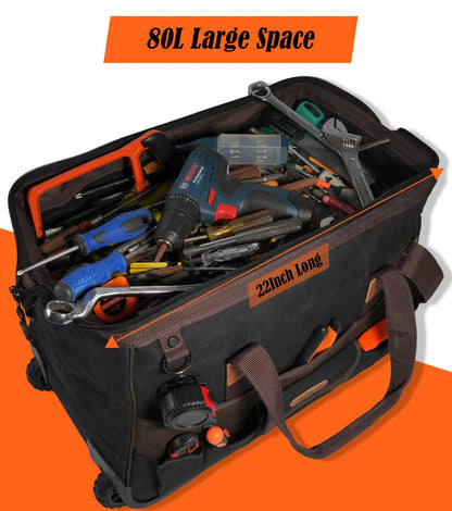 WELKINLAND 48Pockets Tool Bags With Wheels, 22Inch Rolling Tool Bag, Waxed Canvas Tools Bag Rolling Heavy Duty, Large Roll Tote For HVAC, Technician Rolling Tool Bag, Rolling Electrical Tools Bag