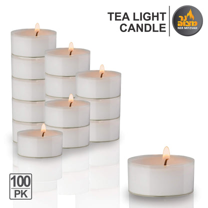 Ner Mitzvah Tea Light Candles - 100 Bulk Pack - White Unscented Tealight Candles in Clear Cup - Long Burning - 4.5 Hour