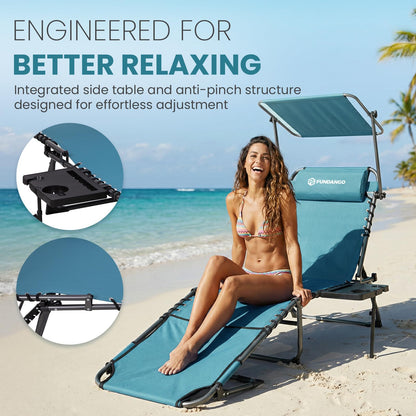 FUNDANGO Heavy Duty Tanning Chair with Face Hole & Canopy, 400lbs Beach Lounge Chair with Side Table, 5-Position Sun Lounger for Outdoor Patio Pool-Face Down Chaise with Anti-Pinch Safety Lock,Cyan