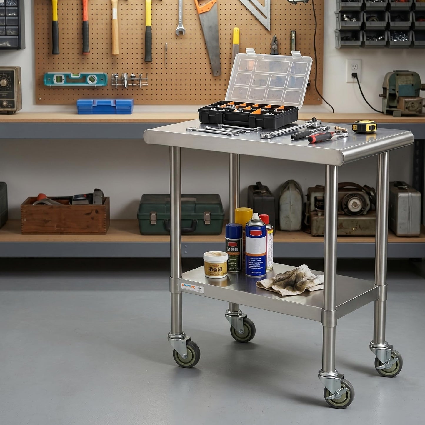 STABLEINK NSF Stainless Steel Small Table 18x30 Inches with Wheels, Metal Prep & Work Table with Adjustable Undershelf, for Commercial Kitchen, Restaurant, Hotel and Garage