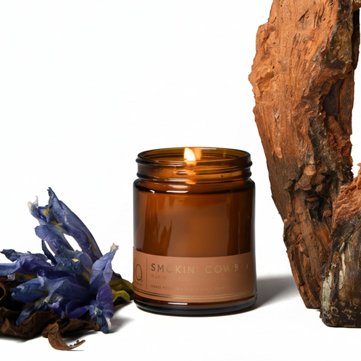 Bia Candle Co. Smokin' Cowboy Candle, Tuscan Leather Sandalwood Cedar Soy Candle, Blue Iris, Perfume-Inspired, Hand Poured USA, High Fragrance Load, Lead-Free Wick, Date Night, 7 oz