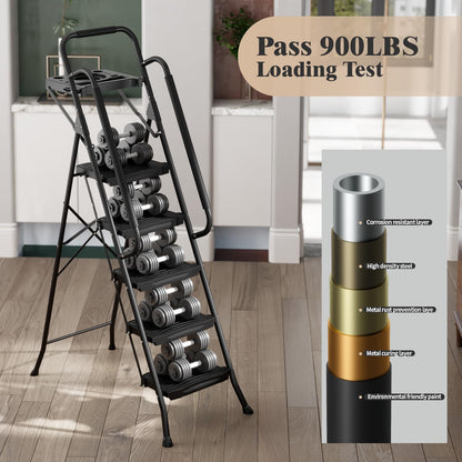 KINGRACK 5-Step Ladder with Tool Platform, 4-Step Pink Ladder, Sturdy and Foldable Step Stool for Home Garage Office