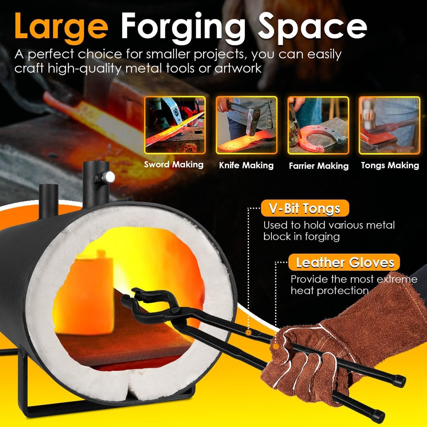 Propane Gas Forge, Double Burner Blacksmithing Forge Large Capacity Forge, Oval Propane Burner Forge with 16.85 Inch V-Bit Tongs & Leather Welding Gloves for Farrier, Knife and Tool Making