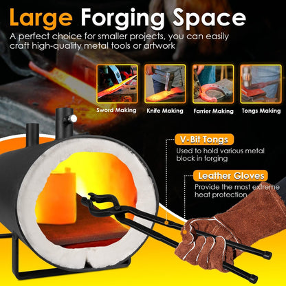 Propane Gas Forge, Double Burner Blacksmithing Forge Large Capacity Forge, Oval Propane Burner Forge with 16.85 Inch V-Bit Tongs & Leather Welding Gloves for Farrier, Knife and Tool Making