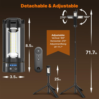 OGERY Camping Lights with Remote, 18000mAh Rechargeable Camping Lantern & LED Work Light, Detachable Tripod Stand up to 6.7 ft, 3 Lamp Heads for Camping Essentials & Emergency, Black
