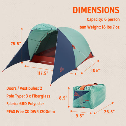 Kelty Rumpus Car Camping Tent – 4 or 6 Person Capacity, Huge Vestibule, Tall Free Standing Shelter for Tailgating, Overlanding, Camping, 2023 (6 Person)