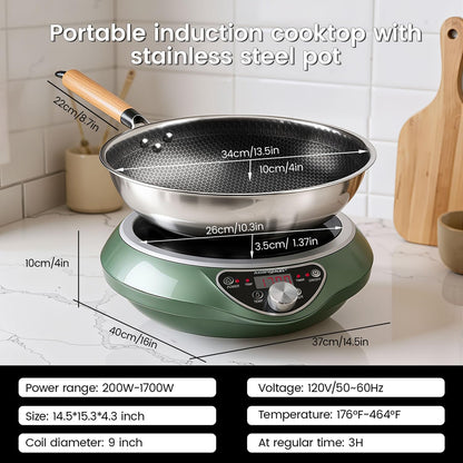Abangdun 1700W 120V Concave Induction Wok Cooktop with Stainless Steel Wok, Non-Pulse Continuous Heating, 16 Power Levels, Portable Countertop Burner for Round-Bottom Woks & Stir-Fry Cooking