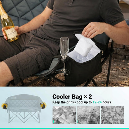 Overmont Oversized Double Camping Chair for Adults Supports up to 850 lbs XXL Heavy Duty Padded Folding Loveseat with Cooler Bag and Cup Holder for Outdoor, Beach, Fishing, Lawn, Black