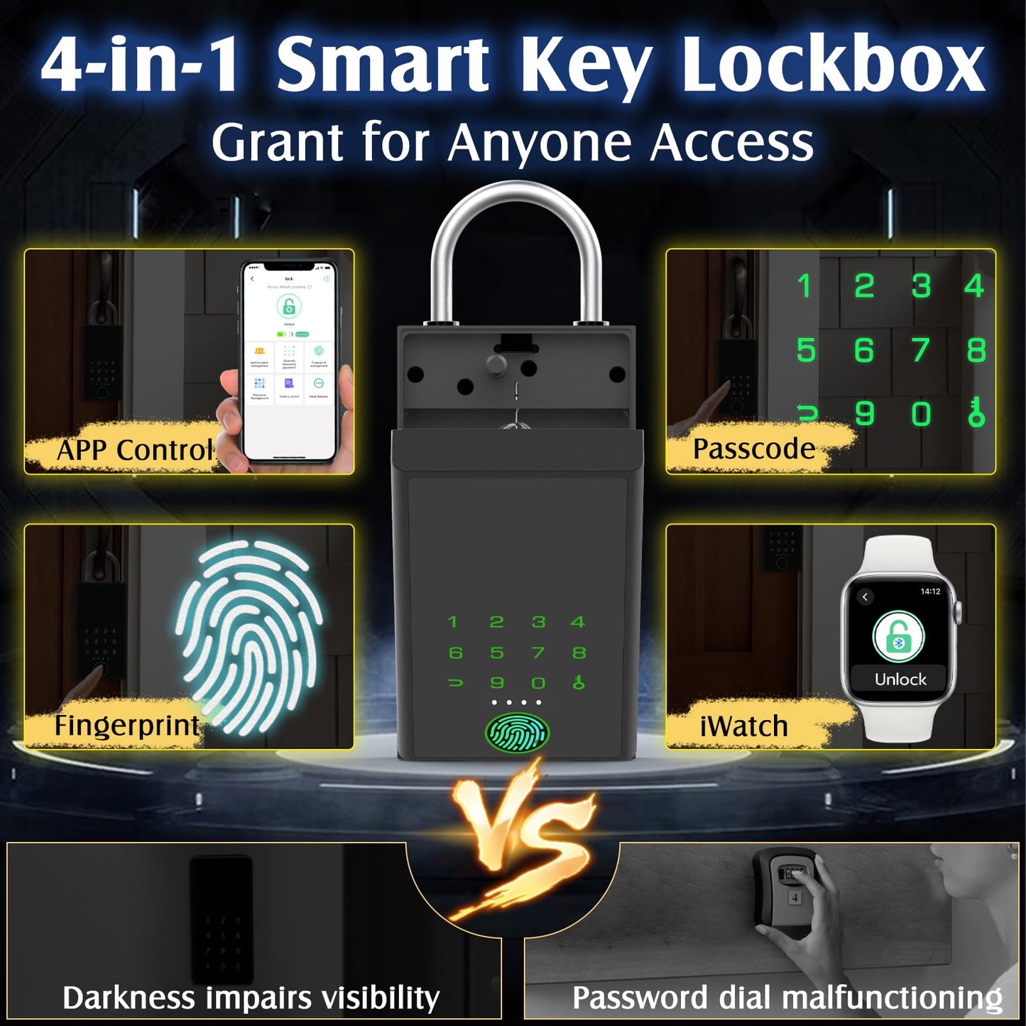 Smart Key Lock Box with Code, Dhiedas Large Fingerprint Lock Box with APP Control, Electronic Digital Weatherproof Security Hide Key Lock Box Wall Mount & Door Hanging for Outdoor Realtor Airbn