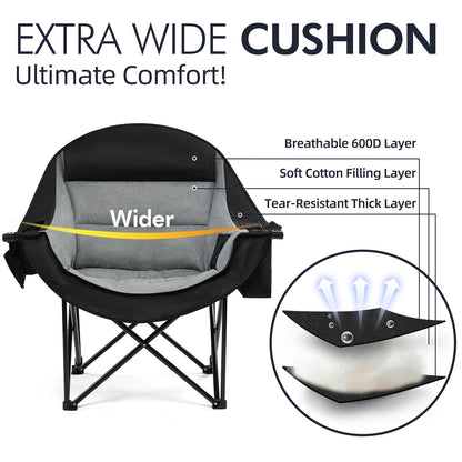 Oversized Camping Chairs for Adults - Heavy Duty Padded Outdoor Folding Lawn XL Camp Chair with Cup Holder Cooler Pockets for Outside Sports Beach Fishing Garden Portable Supports 500lbs, Black