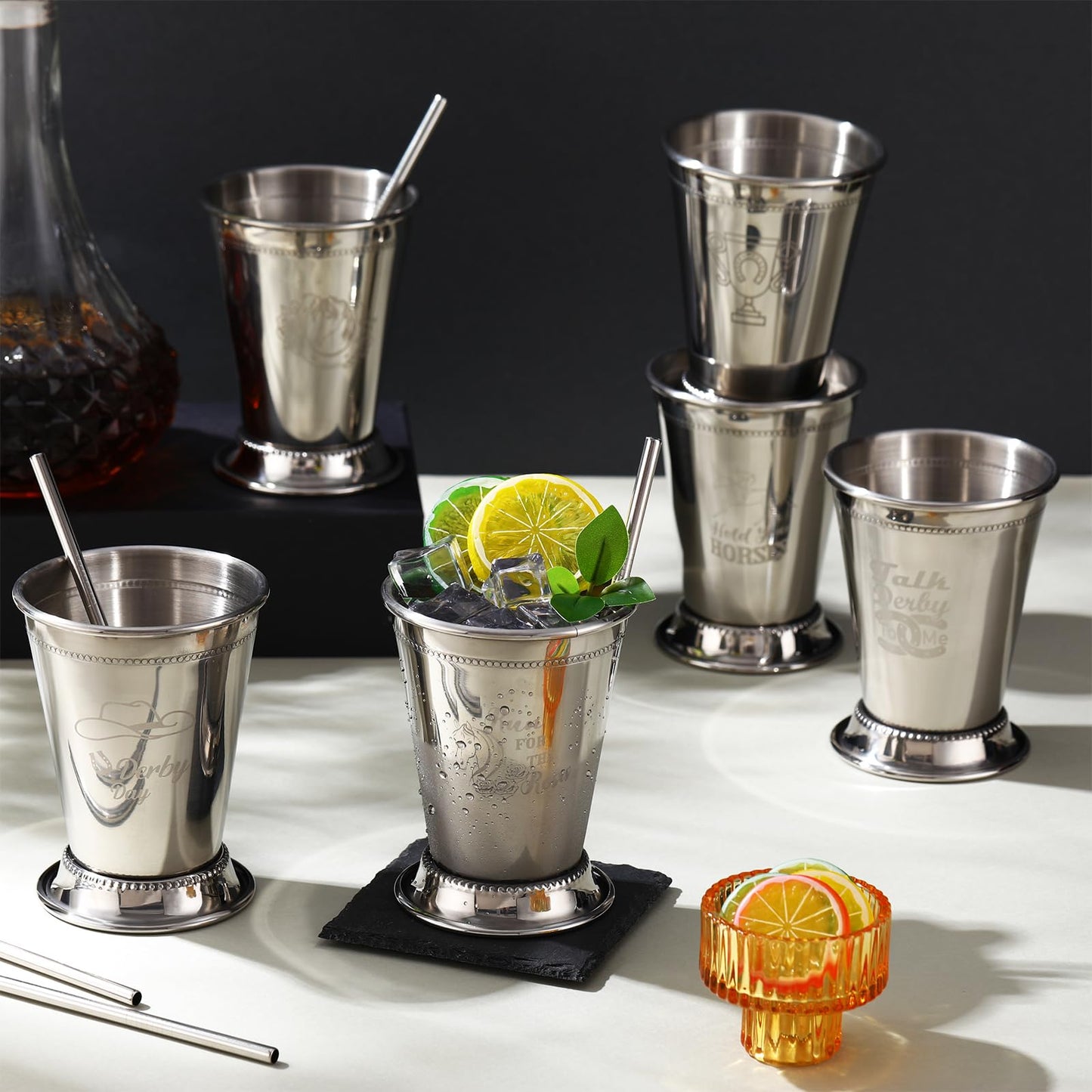 Ziliny 24 Pack Mint Julep Cups with Straws 12 oz Stainless Steel Drinking Cups Metal Cocktail Glasses Beaded Mint Julep for Horse Racing Derby Party Supplies