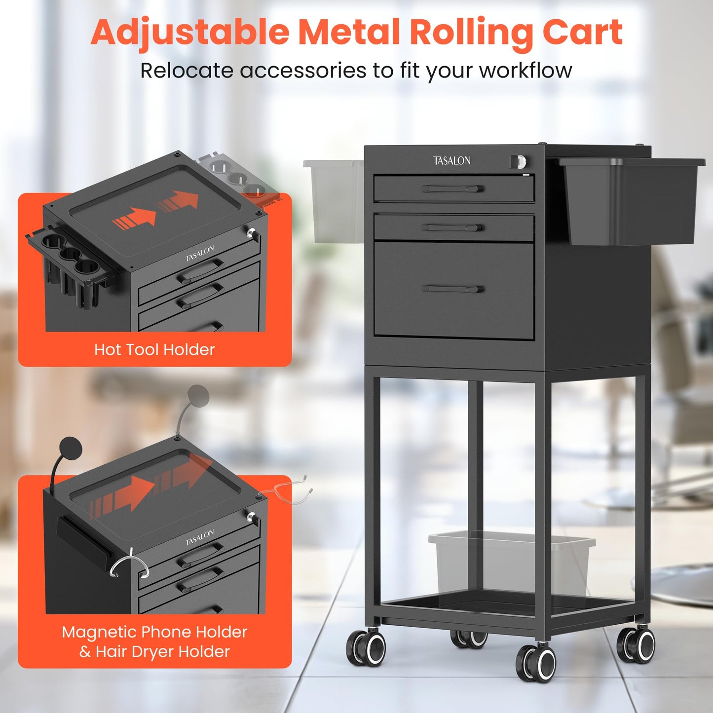TASALON Salon Trolley Cart with Wheels, Lockable Metal Rolling Cart with Drawers, Magnetic Bowls & Phone Holder, Mobile Storage Organizer for Hair Stylist, Barber & Tattoo Supplies, Black