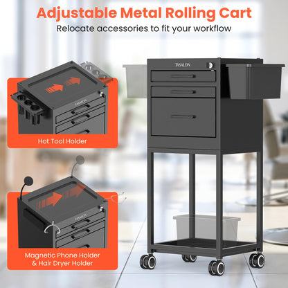 TASALON Salon Trolley Cart with Wheels, Lockable Metal Rolling Cart with Drawers, Magnetic Bowls & Phone Holder, Mobile Storage Organizer for Hair Stylist, Barber & Tattoo Supplies, Black