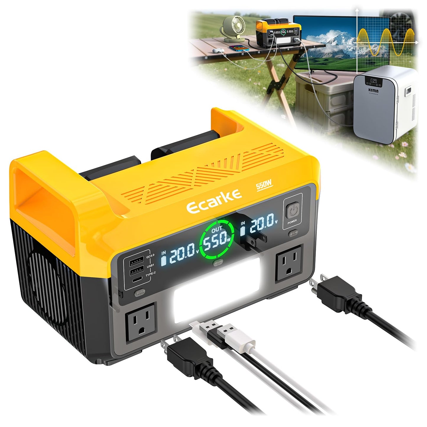 Ecarke 550W Portable Power Inverter Compatible with DeWalt 20V Battery, DC 18V to AC 110V Pure Sine Wave Power Station 2 AC Outlets,2 USB-A&1 USB-C 20W, 600LM LED Outdoor Emergency Use(Tool Only)