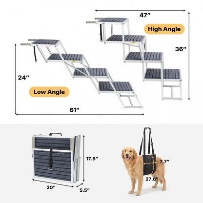 Veehoo Extra Wide Dog Steps for Car SUV Truck Foldable, 4 Steps Portable Aluminum Dog Stairs for Injured Senior Large Dogs 20" Wide, Heavy Duty Pet Ramp Ladder with Non Slip Surface, up to 170lbs