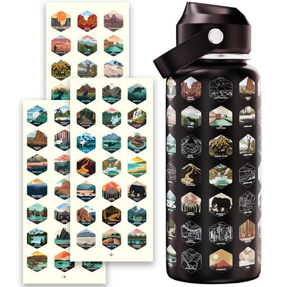 National Parks Water Bottle With 63 Stickers & Straw Cleaner Brush | 32 Oz Insulated Stainless Steel, BPA-Free, And Leak-proof Bottle For Hiking, Camping & Travel | Gift-ready Box (BLACK)