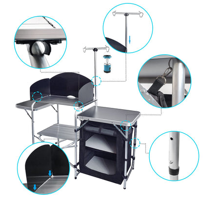 CampLand Folding Camping Kitchen Table with Windscreen,Portable Outdoor Cooking Station with Storage Cabinet & Side Tables Heavy Duty Camp Cook Station for Camping & BBQ (Black)
