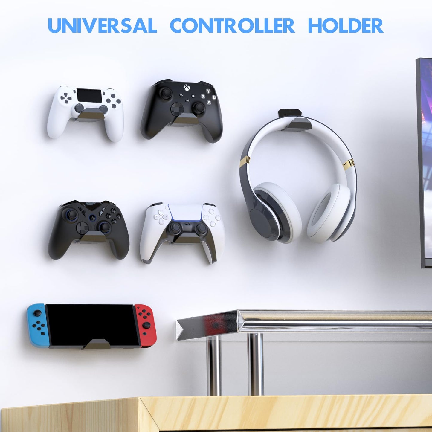 Controller Wall Mount Holder for PS5 Pro/Slim Controller, for Switch Controller,Strong Adhesive/Screw Controller Holder Headphone stand,Headset Hanger Hook for Universal Controller and Headset-6 Pack
