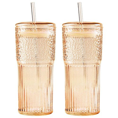GOSCHE Glass Cups with Lids and Straws, 20oz Drinking Jar Glass Tumbler Iced Coffee Cups Set, Vintage Ripple Glassware Smoothie Cups for Water Coffee Tea, Amber, 2 Pcs