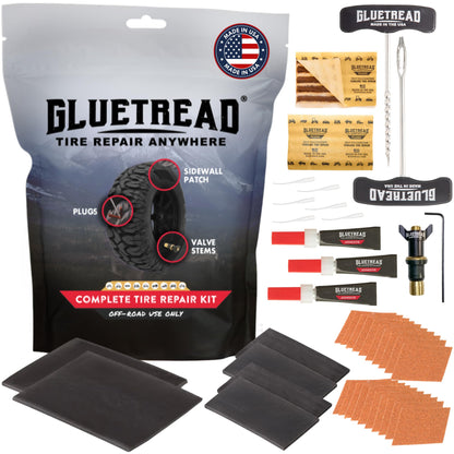 GlueTread Complete Off-Road Tire Repair Kit - Fix Sidewall Damage and Punctures - Includes Heavy Duty Tire Patch Kit, Plugs & Colby Emergency Valve Stem - Enhanced Rubber Formula, Fast Setting