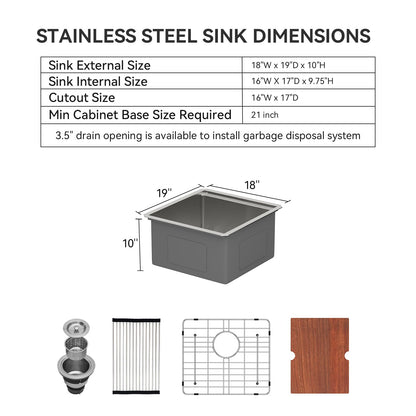 LORDEAR 18 inch Undermount Bar Sink Workstation - 18x19x10 Inch Bar Prep Sink 16 Gauge Stainless Steel Single Bowl Handmade RV Outdoor BBQ Camper Sink with Full Cutting Board