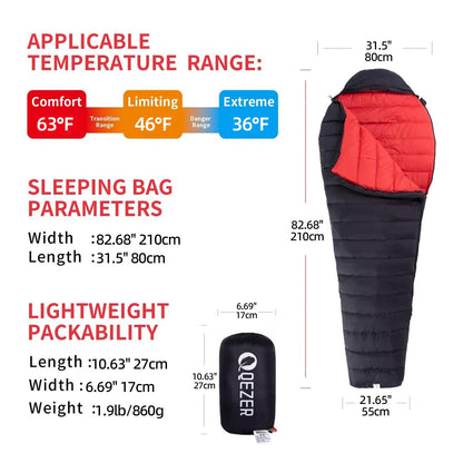 QEZER Sleeping Bag for Adults 650FP Down Mummy Sleeping Bag Cold Weather 3-Season Lightweight Compact for Camping Backpacking Hiking Travel 36°F-63°F