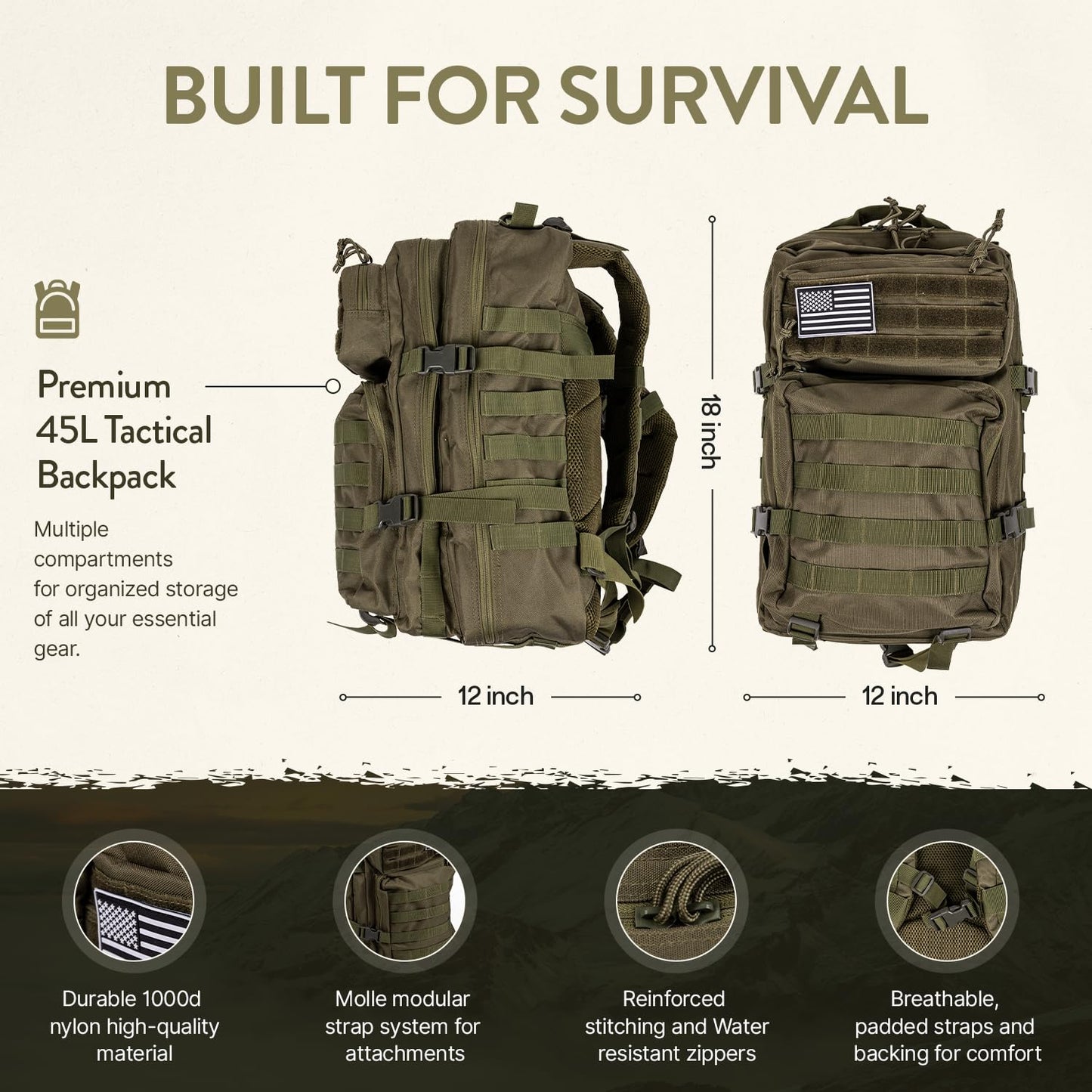 TacPreps 72 Hour Survival Kit, 45L Bug Out Bag with Emergency Food, Water Filter, First Aid Kit, Shelter and Survival Tools