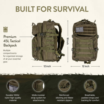 TacPreps 72 Hour Survival Kit, 45L Bug Out Bag with Emergency Food, Water Filter, First Aid Kit, Shelter and Survival Tools
