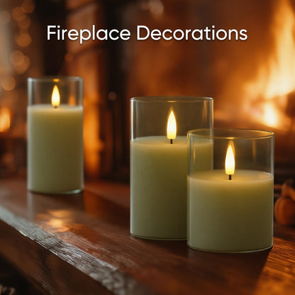 5plots Glass Battery Operated Green Flameless Candles with Remote Timer, 3D Wick Real Wax Pillar Led Candles Warm Flickering Light for Indoor Home, Halloween, Christmas Decor D3 x H4 5" 6", Set of 3
