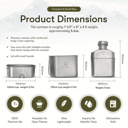 Valtcan Titanium Canteen Mess Kit 1100ml 37oz Capacity with 750ml and 400ml cookware Cups