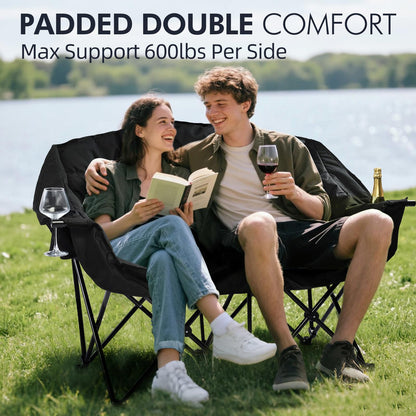 Double Camping Chair Padded Loveseat Chair for 2 Person - Heavy Duty Oversized Camping Couch for Adults Outdoor Sports Lawn Beach Portable Folding XL Chairs with Cup Holders and Carry Bag, All Black
