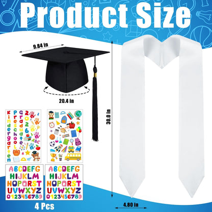 6 Pcs 2026 Preschool Kindergarten Graduation Cap Stole Iron on Letter Set Unisex Cap and Graduation Sash Sublimation Blank Stole Graduation Gifts for Kids Iron on Letters for DIY Craft