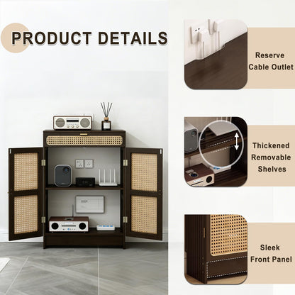 Jueraori WiFi Router Storage Cabinet with Adjustable Shelves, 2-Tier Standing Bamboo Cabinet with Rattan Doors and Drawer, Power Strip Cable Management Hider Rack for Home & Office(35.4"×19.7"×9.8")